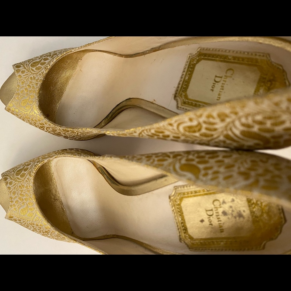 Christian Dior open toe pumps heels fabric leather gold 39.5 - Picture 8 of 14